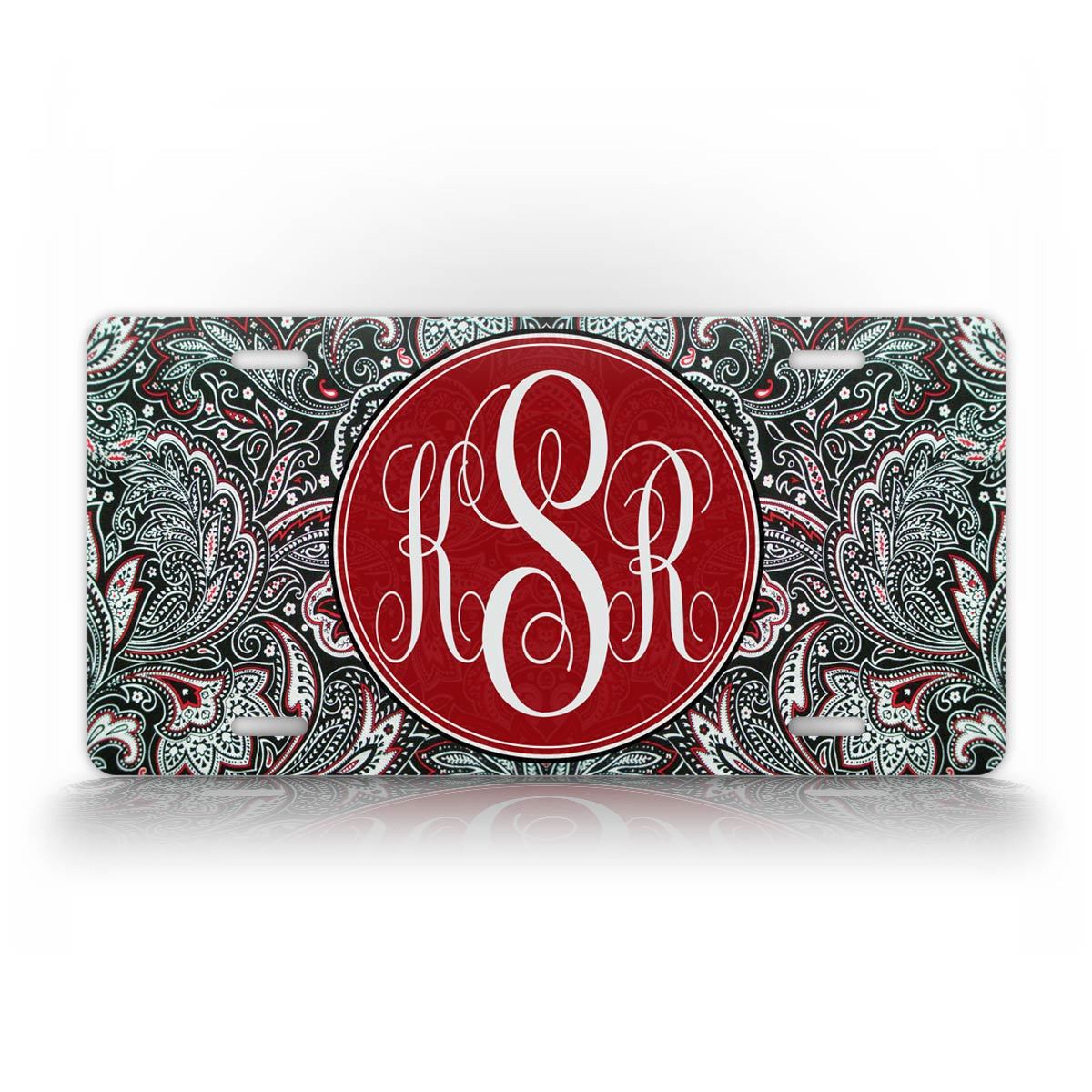 Red Paisley Monogram Custom License Plate 