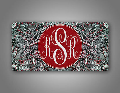 Custom Red Paisley Monogram Auto Tag 