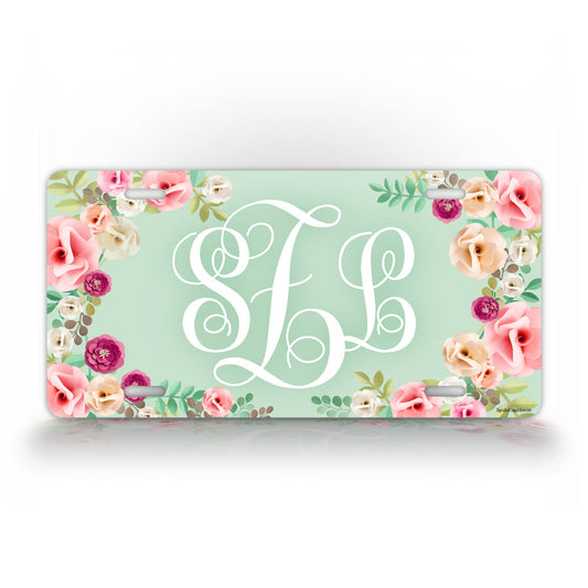 Roses Flower Monogram License Plate 