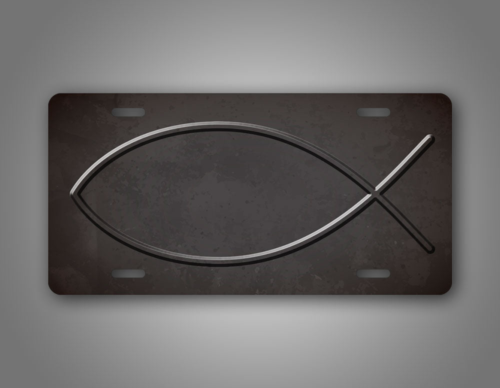 Grey Textured Jesus Fish Outline License Plate 