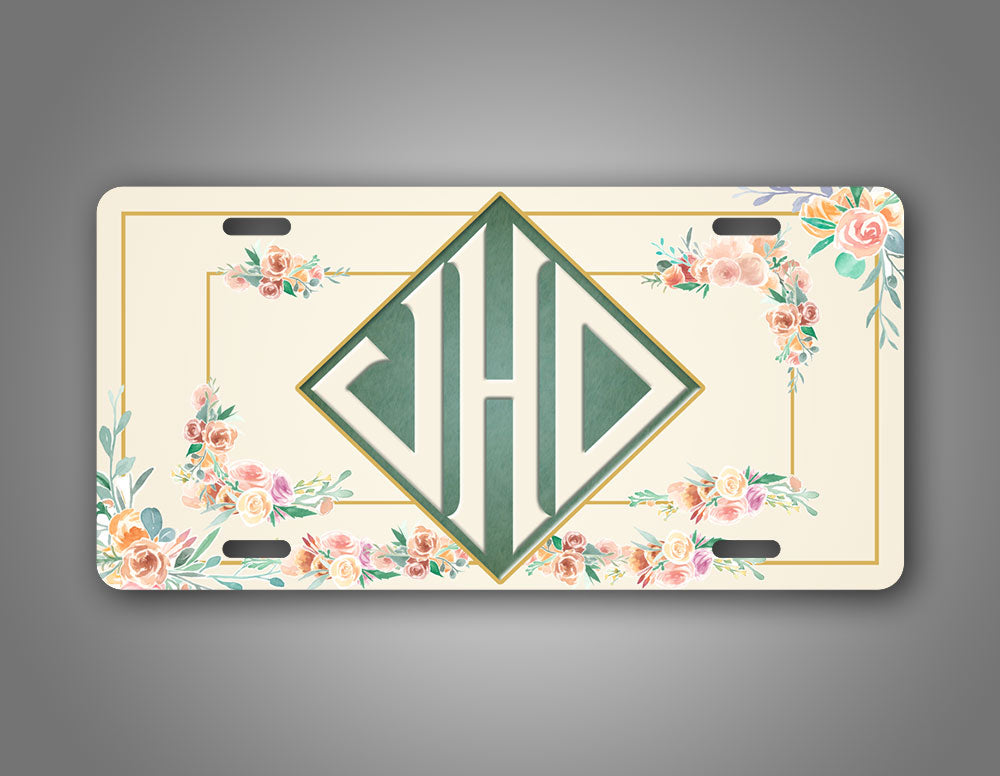 Custom Text Vintage Style Flowery Monogram License Plate 