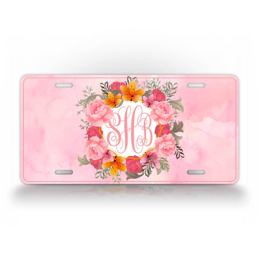 Vintage Style Framed Flower Monogram License Plate 