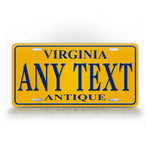 Custom Yellow Virginia Antique Vehicle License Plate  