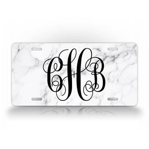 Custom White Marble Monogram License Plate 