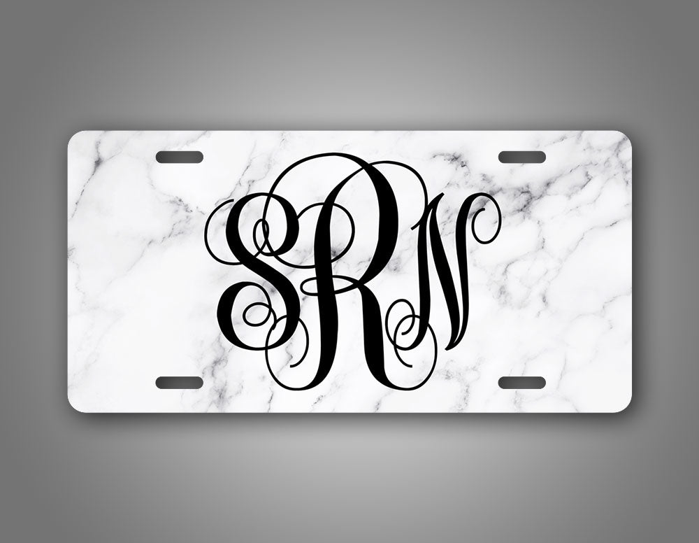 Custom Text White Marble Monogram License Plate 