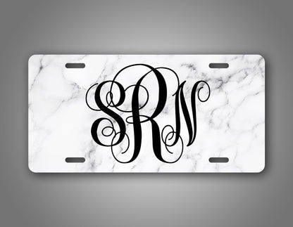 Custom Text White Marble Monogram License Plate 
