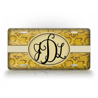 Custom Text Yellow Snakeskin Monogram License Plate 